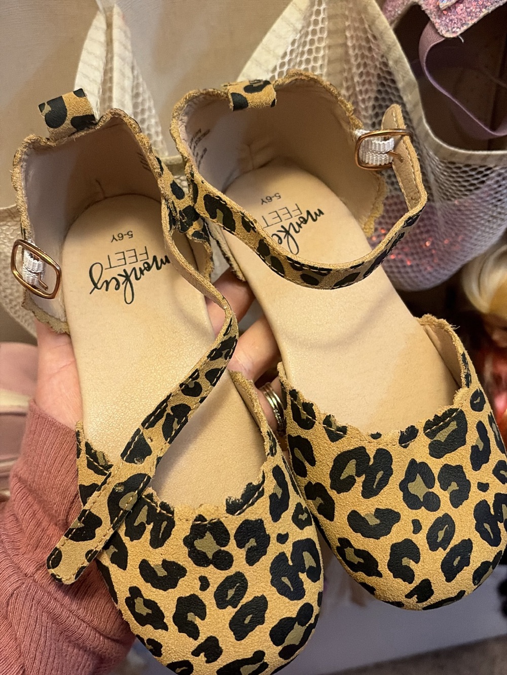 Monkey Feet Leopard Print Tan and Black Ankle-Strap Flats